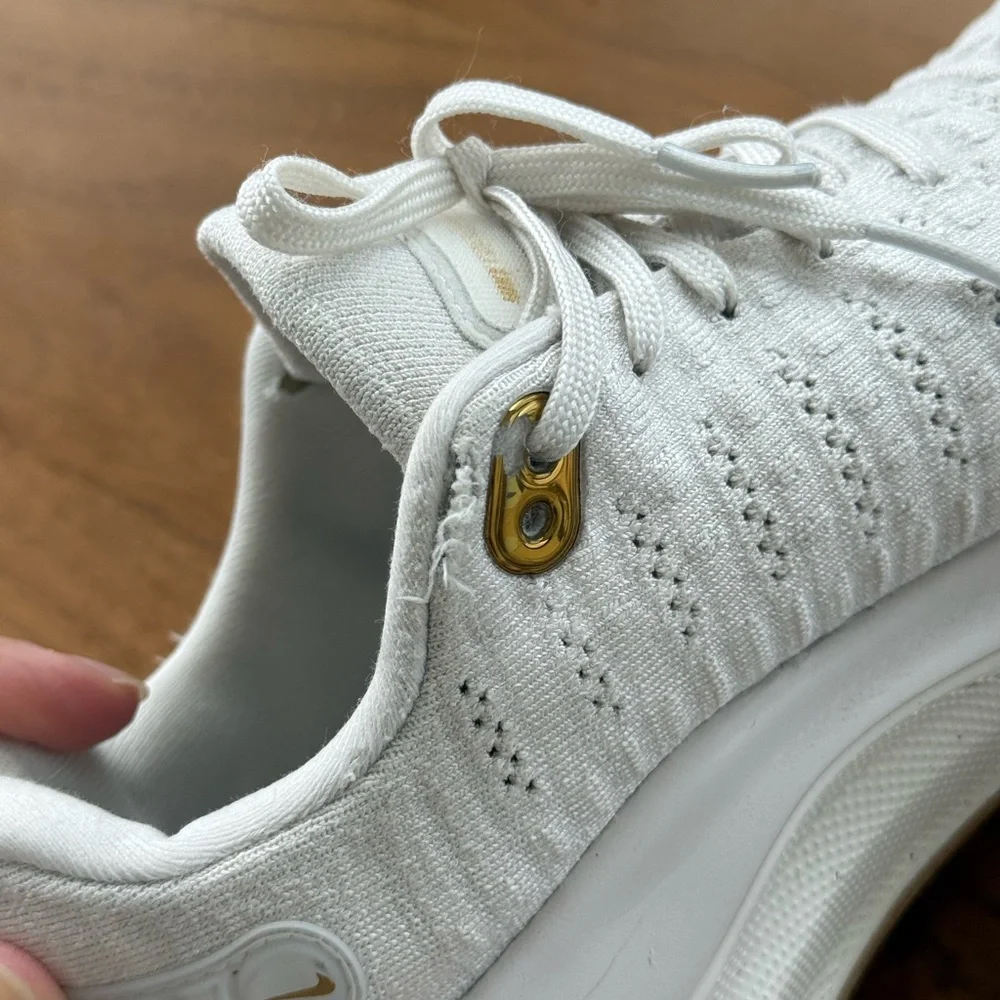 Nike White Women's Flyknit Running Shoes with Gold Swoosh - Picture 5 of 10